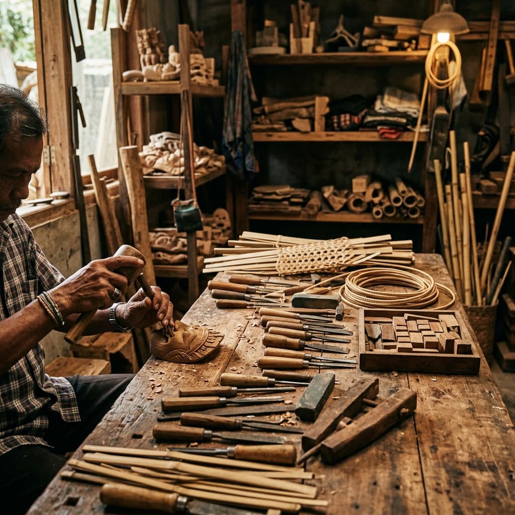 Seorang pengrajin sedang mengerjakan karya dengan tangan
